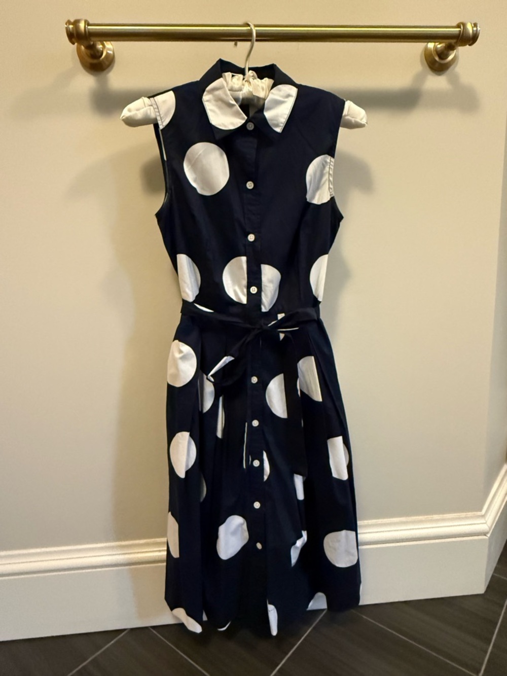 Talbots Navy and White Polka Dot Sleeveless Shirt Dress